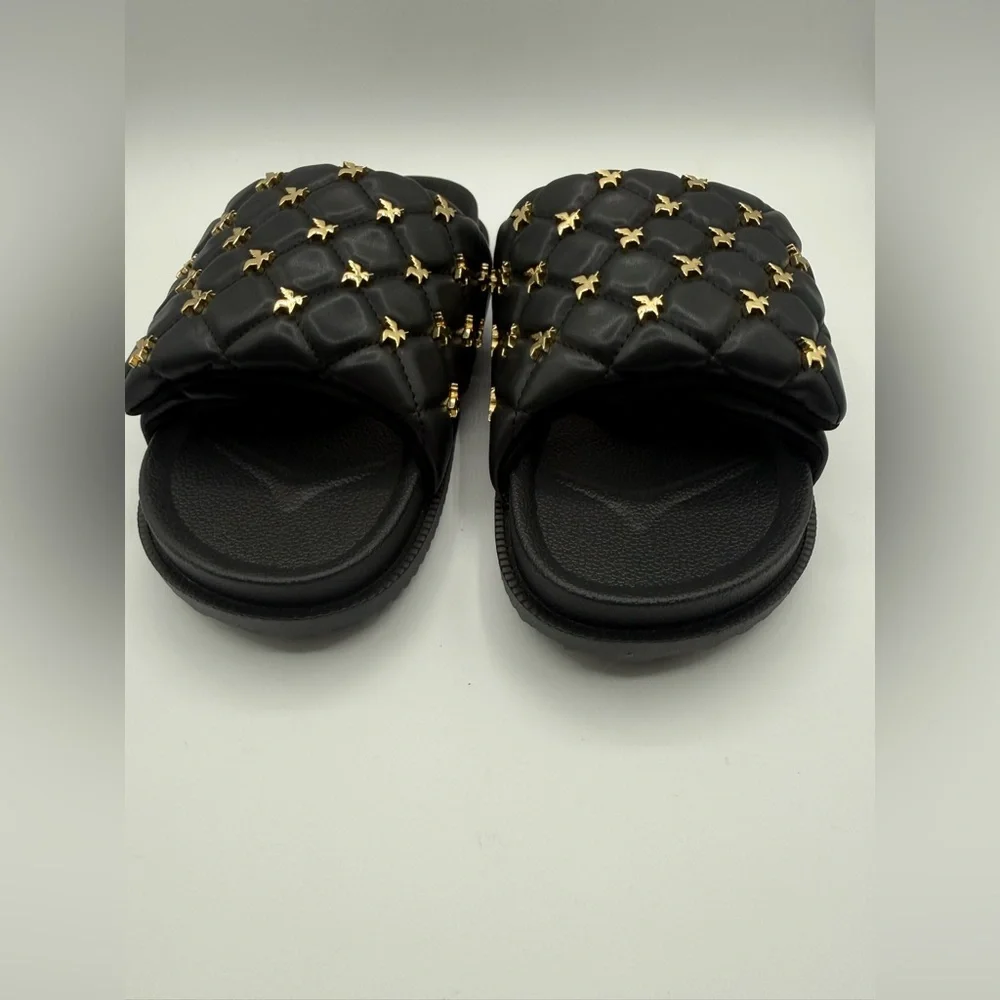She Is Cheval Black Quilted Slide Sandals W/Gold Accents Comfort Designer Style - Picture 5 of 17